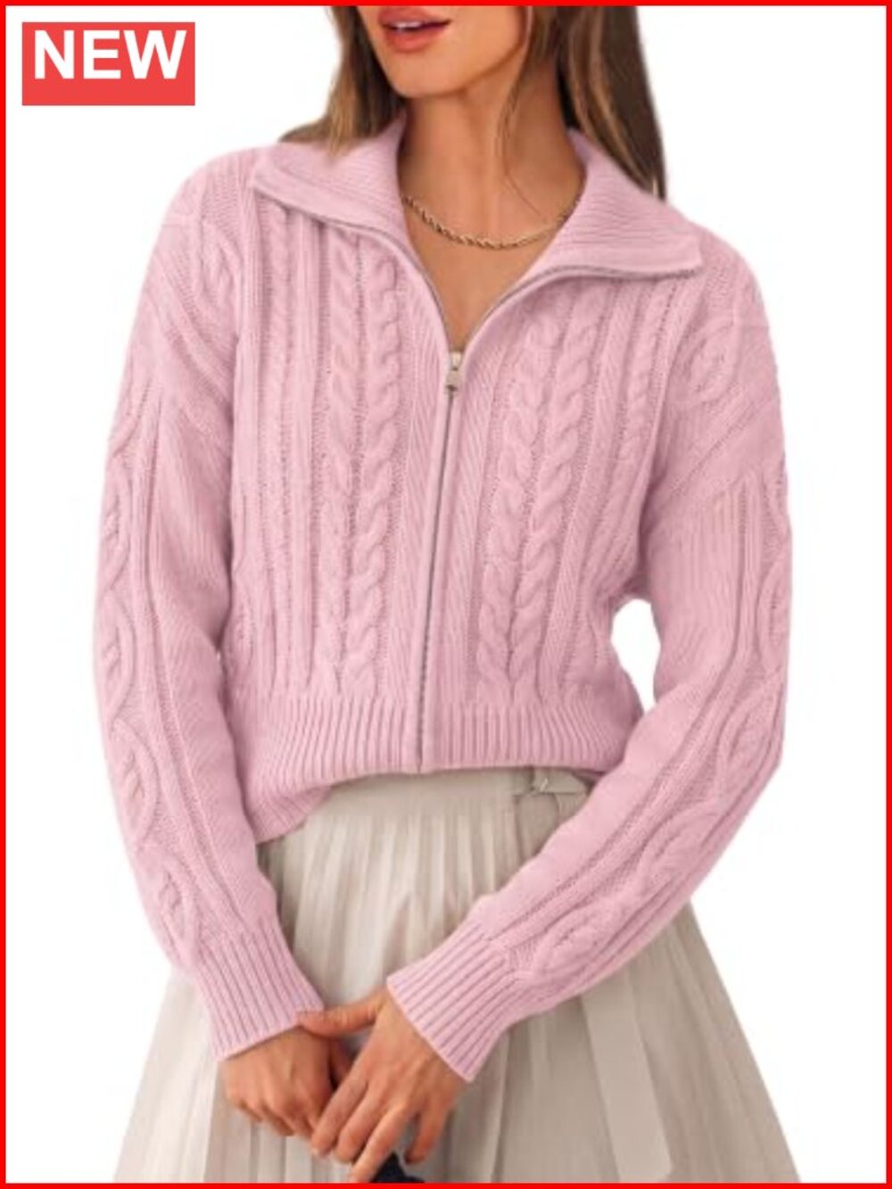 Cable Knit Cropped Cardigan Zip Up Sweater Long Sleeve